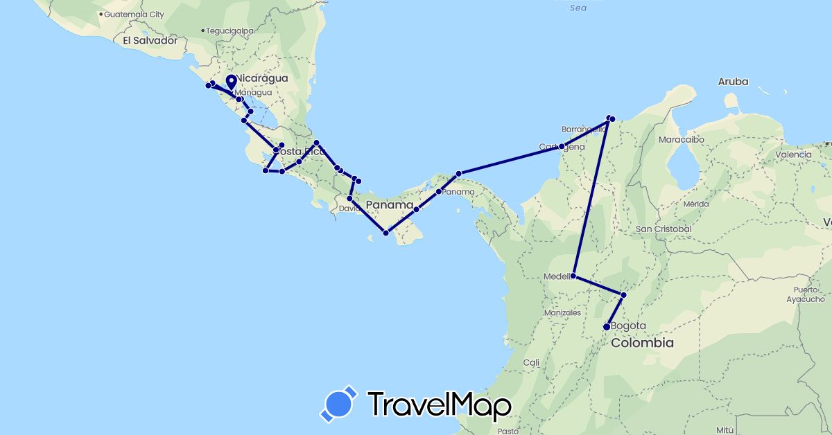 TravelMap itinerary: driving in Colombia, Costa Rica, Nicaragua, Panama (North America, South America)